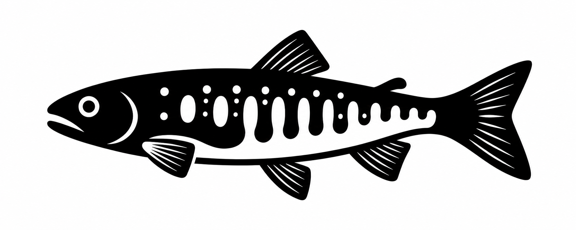 Black-and-white stylized fish graphic with oval cutouts along its side