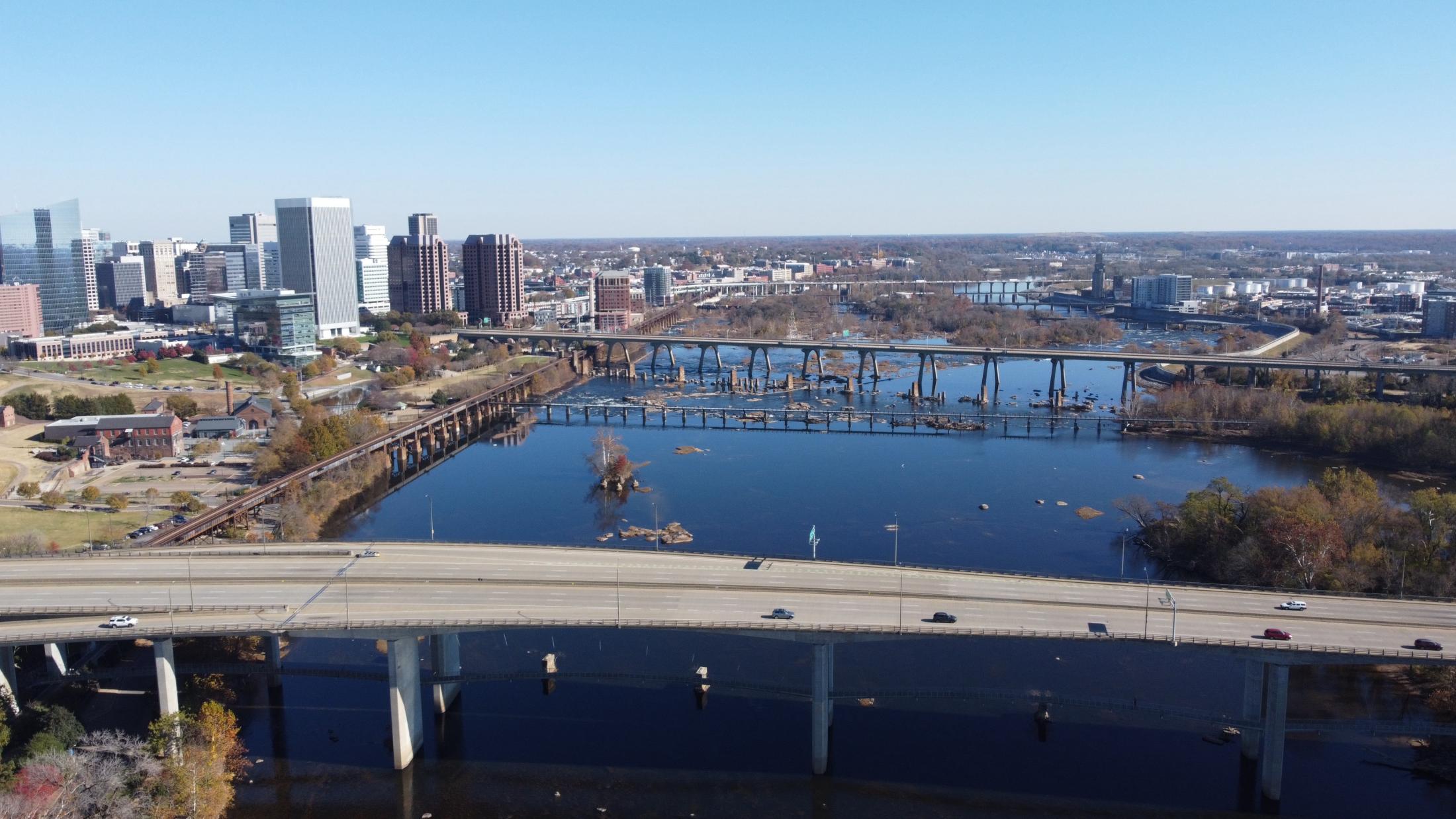 View of a large river in an urban setting.