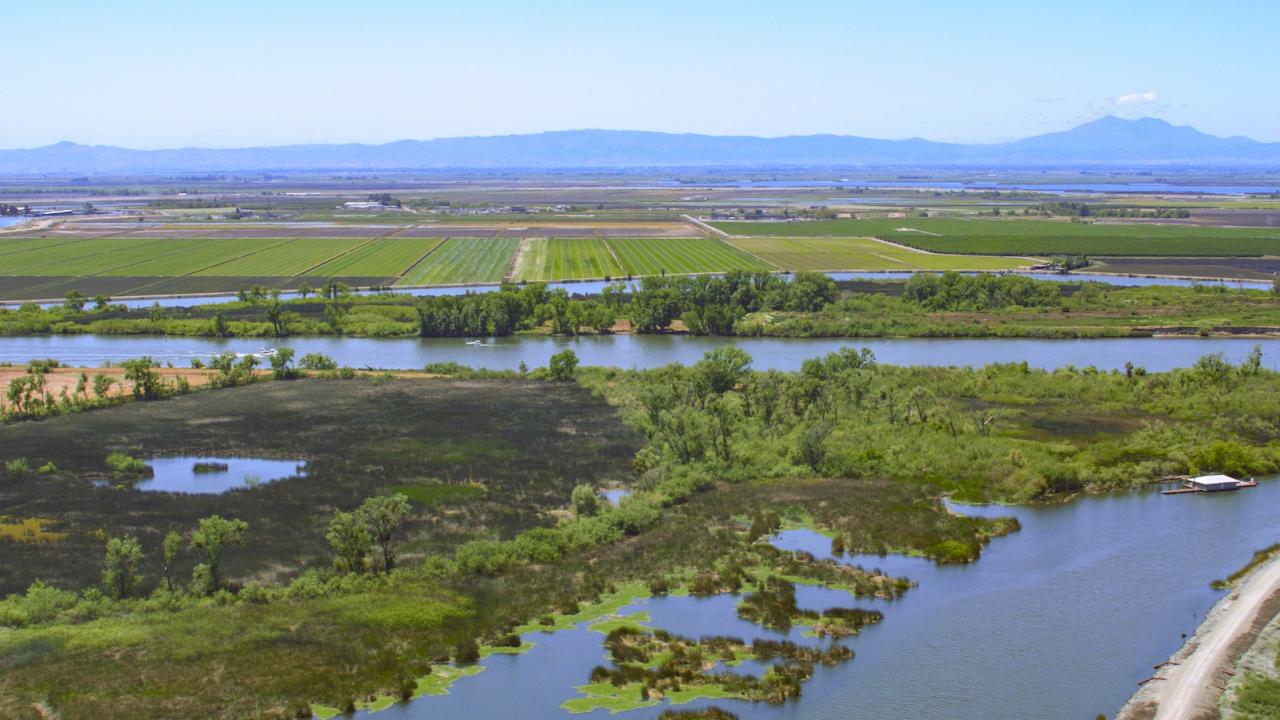 Aerial view looking south west at a section of the Sacramento-San Joaquin River Delta in San Joaquin County, California.
