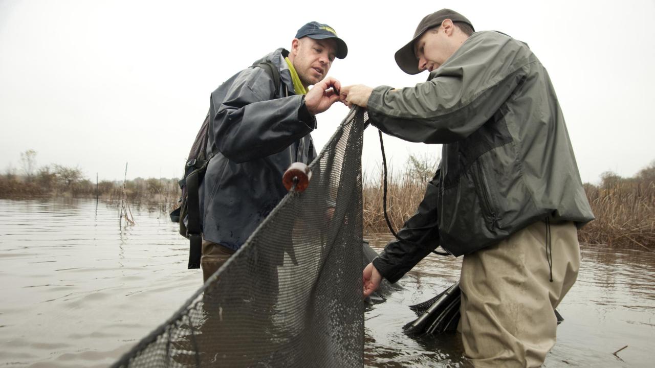 Carson Jeffres and Eric Holmes stand in a floodplain.