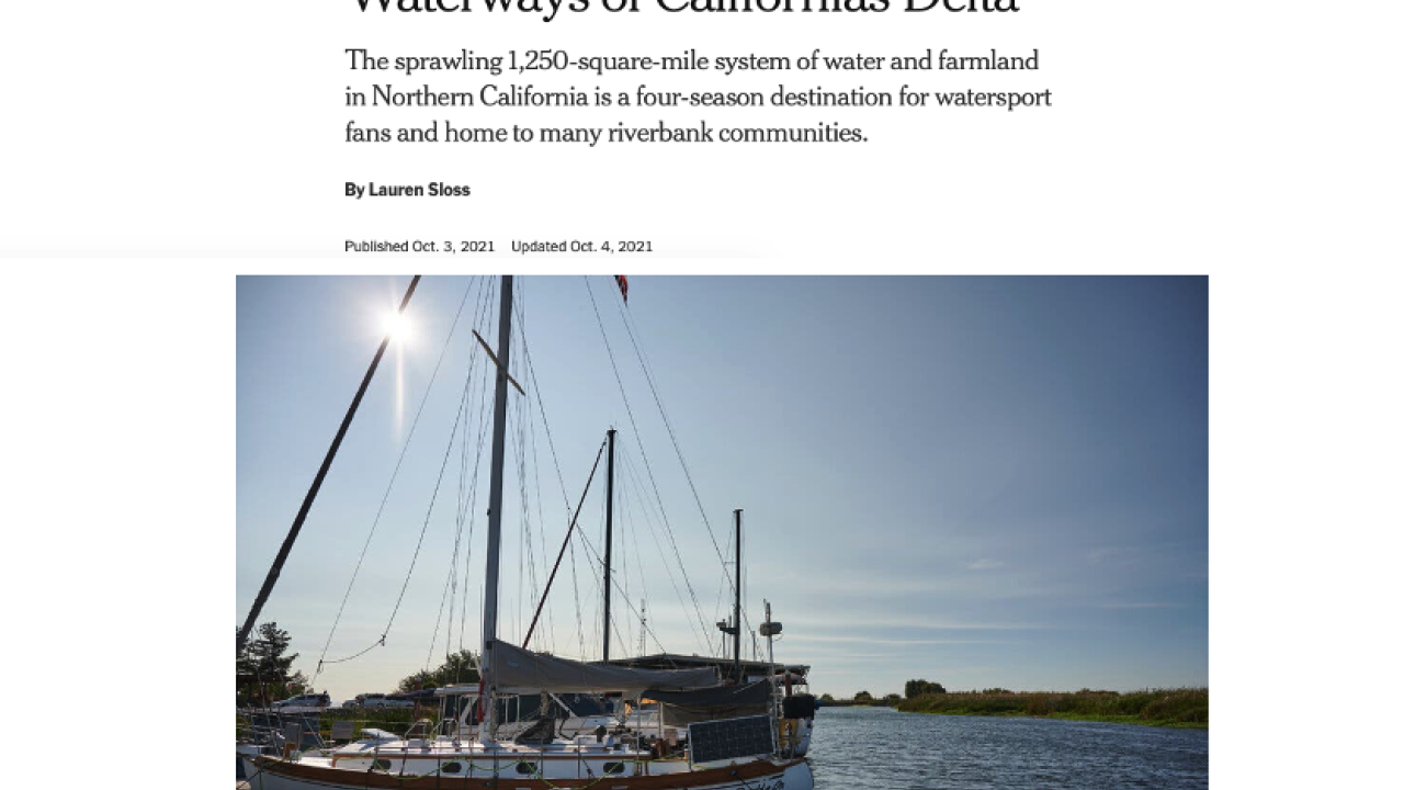 Screenshot of NYT article header, with a photo of a boat on the Delta, and the screenshot snippet of text featuring Peter Moyle's discussion of the Delta