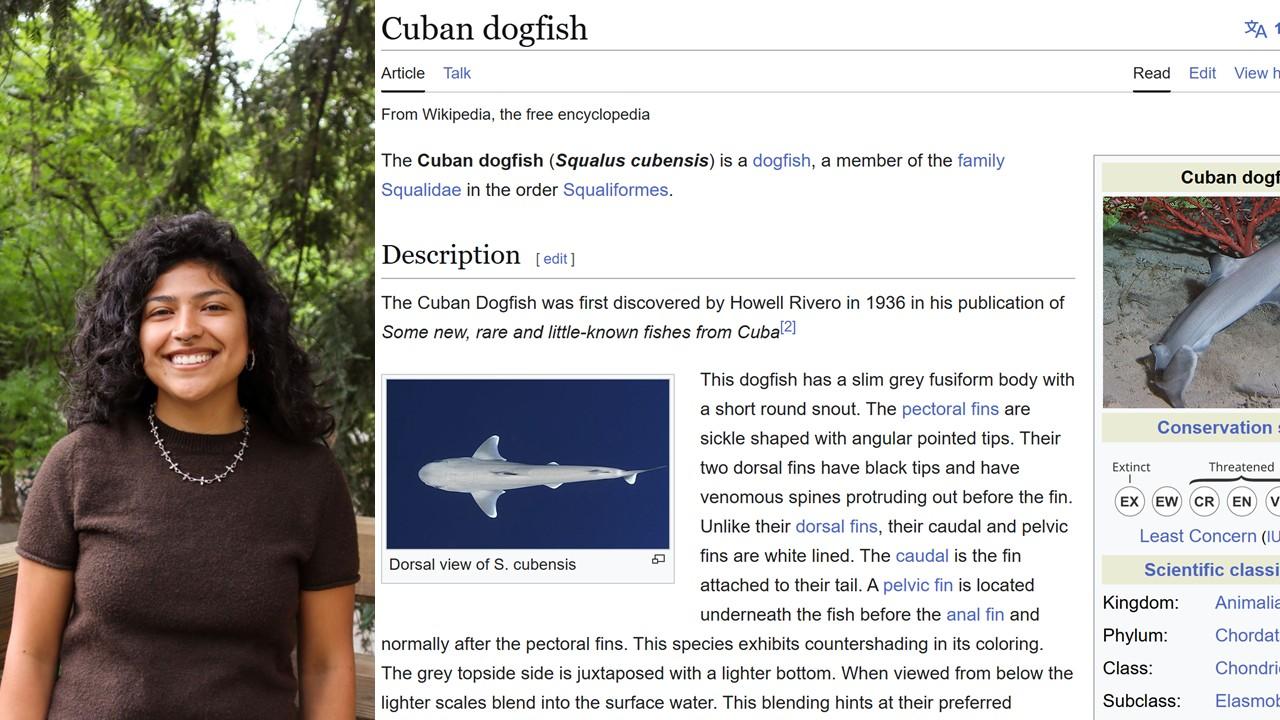 Smiling woman outdoors beside a webpage screenshot about Cuban dogfish with a shark photo