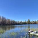 Panoramic lake with clear blue sky, tree-lined shore and an inflatable raft on the water.
